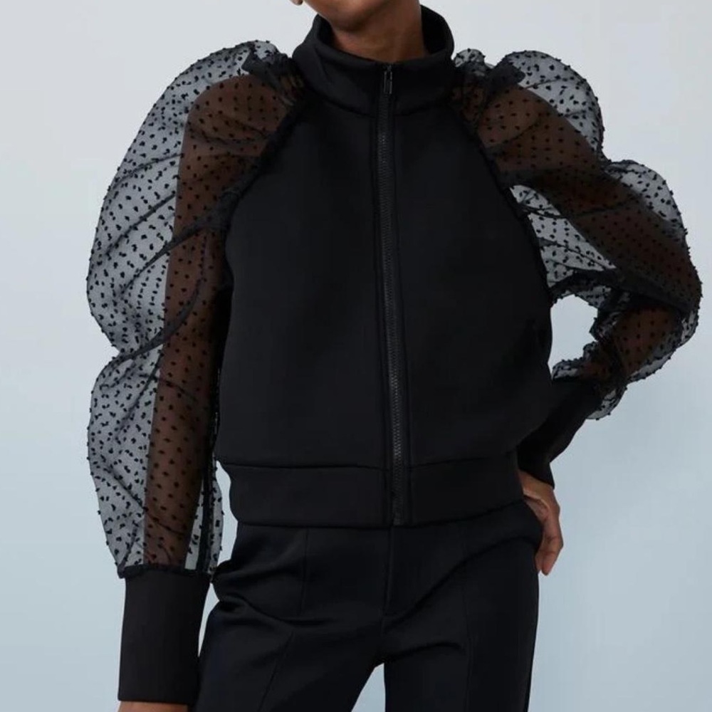 Zara dotted mesh tulle sleeve bomber jacket perfect for Fall